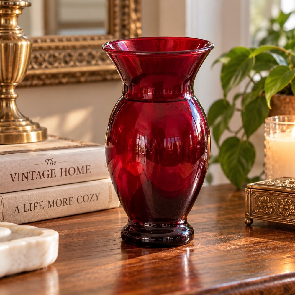 Vintage FTD Ruby Red Glass Vase 6.5" Flared Rim Footed Burgundy Floral Vase